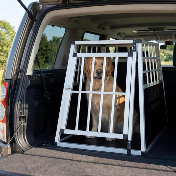 Cage de transport pour chien COSTWAY, cage en aluminium avec porte verrouillable, cloison amovible, cage de voyage, cage pour chien de forme trapézoïdale, 91 x 65 x 69,5 cm