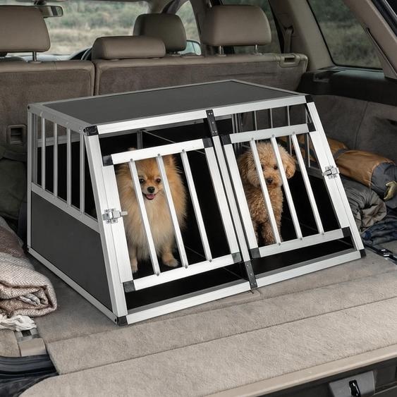 Cage de transport pour chien COSTWAY, cage en aluminium avec porte verrouillable, cloison amovible, cage de voyage, cage trapézoïdale pour chien, 89 x 69 x 50,5 cm