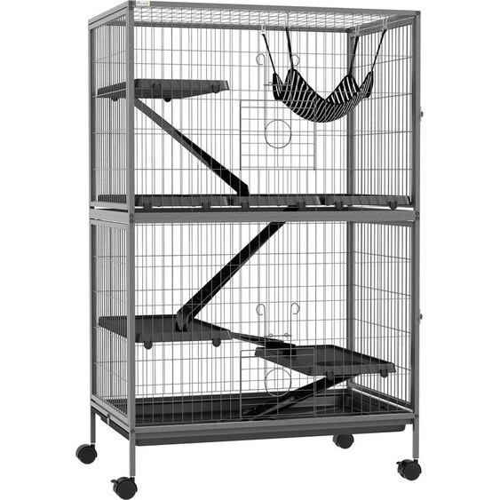 Cage Fortuna Lai pour rongeurs Multifonctionnelle 4 plateformes 3 rampes 4 portes Dim. 80L x 52l x 128H cm Acier Gris Argenté Noir