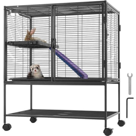 Cage petits animaux 2 étages - Cage furet avec plateau et rampe - 77x52x92 cm - Refuge bleu