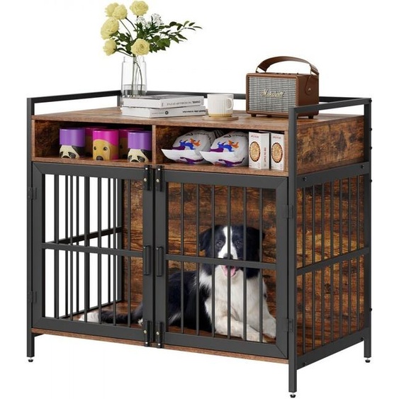 Cage pour chien 104,1x59,9x91,9cm - Cage pour chien avec cadre en acier carbone et panneau daggloméré P2 - Cage métallique dappoint vintage - Cage pour animaux domestiques avec design à double porte - Cage pour chien style meuble - Cage grillagée pour