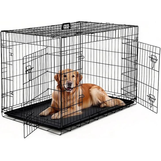 Cage pour chien - Cage métallique pliable - 106,7 cm - 2 portes - Diviseur amovible - Acier inoxydable - Noir