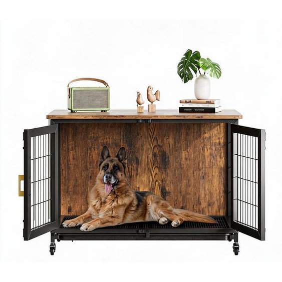 Cage pour chien en bois, style rustique, robuste et peu encombrante – verrouillable