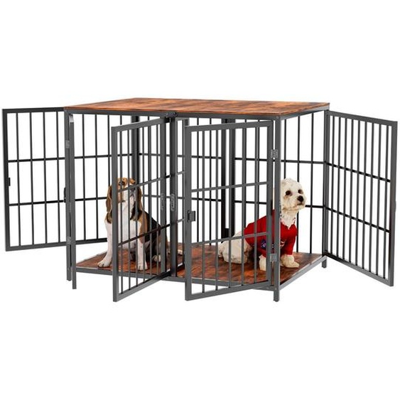 FATIVO Cage pour chien avec 4 portes, box chien avec séparation amovible, niche avec plateau table, cage meuble 90×62×68,5 cm