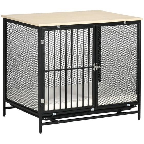 Cage pour chien Fortuna Lai, niche pour chien avec plateau, niche pour chien avec coussin, bac de fond amovible, cage pour chien, chêne + noir, 80 x 55 x 71 cm