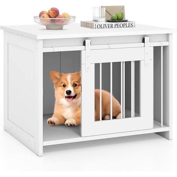 Cage pour chien, maison pour chien pour intérieur, cabane pour chien avec porte coulissante, cage pour animal de compagnie en métal et en bois, table dappoint moderne, pour petits et moyens chiens, 80 x 60 x 60 cm (blanc)