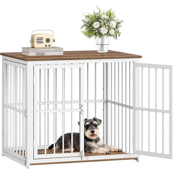 Cage pour chien, meuble, boîte pour chien, 80x60x70 cm, couleur vintage marron et blanc | Boîte pour chien pour la maison avec 3 portes, table dappoint, cage pour chien robuste, pour petits et chiens de taille moyenne. Modèle : FPDC011FWR1