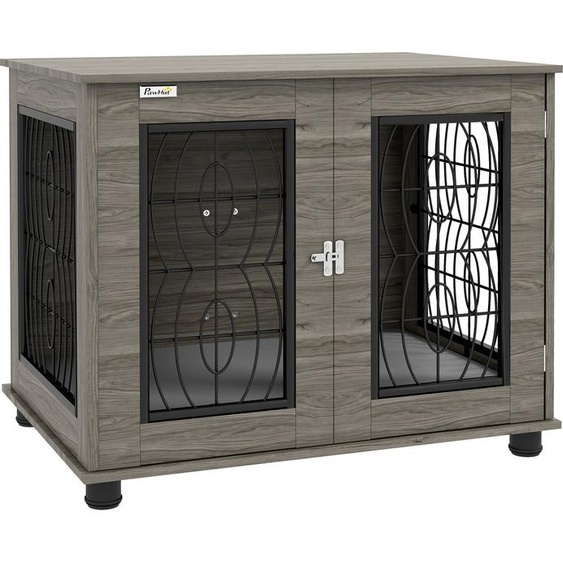 Cage pour chien PawHut pour la maison, niche avec coussin, porte avant verrouillable, gris