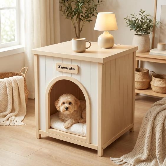 Cage pour chien, table dappoint, bois massif , design scandinave, pour petits chiens et chats (blanc crème)