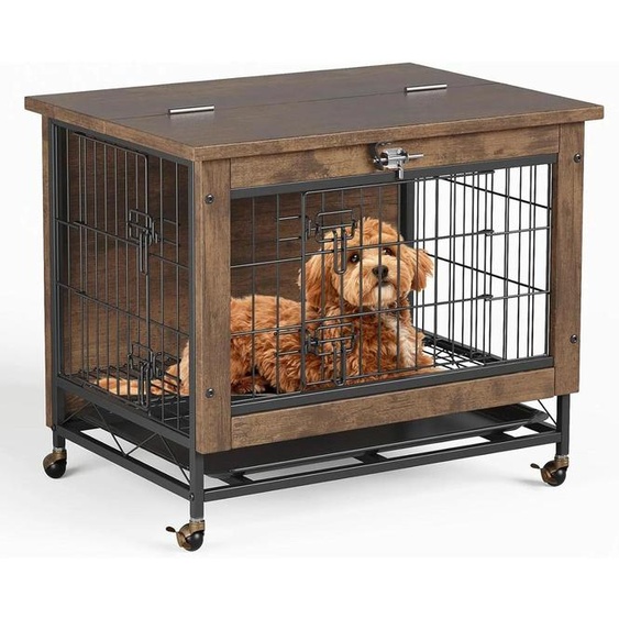 Cage pour chien transformable en meuble - Table dappoint - À roulettes - Verrouillable - Deux portes - Plateau amovible - Pour chiens de taille moyenne - Bois - Bordeaux