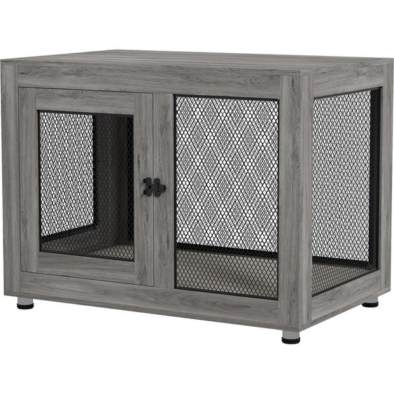 Cage pour chiots avec pieds réglables, espace de rangement et coussin, structure en acier et panneaux de particules, couleur grise | 2 portes | 26 kg | 94 x 60 x 71,5 cm