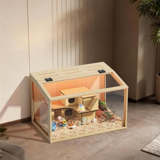 Cage pour hamster WISFOR avec éclairage LED, cage en bois pour petits animaux, cage pour souris avec couvercle rabattable, fenêtre dobservation, 60 x 40 x 40 cm