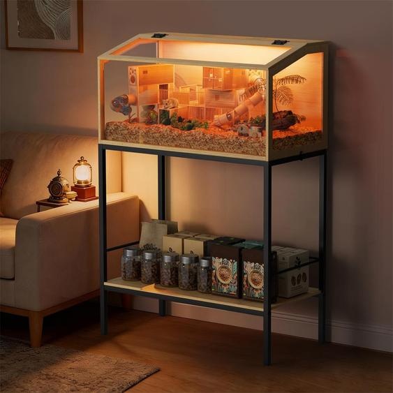 Cage pour hamster WISFOR avec étagère et éclairage LED, cage en bois pour petits animaux, cage pour souris avec couvercle rabattable et fenêtre dobservation, 80 x 39,6 x 116 cm