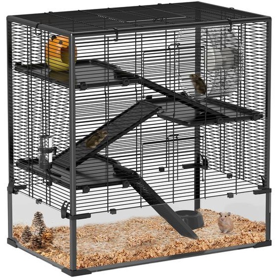 Cage pour hamsters nains PawHut, cage à rongeurs à 4 étages avec fond en verre et roue