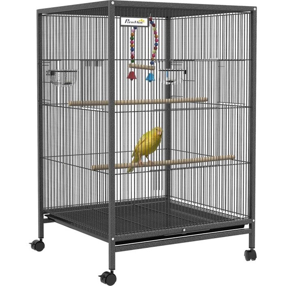 Cage pour oiseaux - Avec roulettes - Acier inoxydable - 48 x 64 x 74 cm - Mangeoires & Perchoirs - Gris