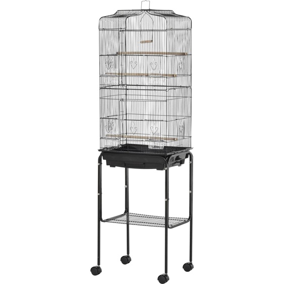 Cage pour oiseaux - Avec support - 4 roulettes - Ecuelles pour nourriture incluses - 46,5 x 36 x 157 cm - Plastique - Noir