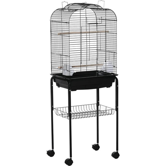 Cage pour oiseaux - Avec support - 4 roulettes - Toit ouvrant - 2 mangeoires - Tablette - Dimensions 46x36x130 cm - Noir
