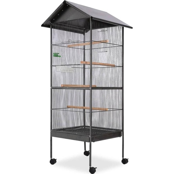 Cage à oiseaux avec toit Acier Noir 66 x 66 x 155 cm
