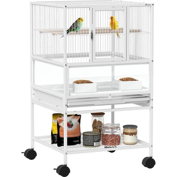 Cage pour oiseaux - Cage intérieure - Panneaux acryliques - Ecuelles pour nourriture - Roulettes - Support au sol - Acier - 48x46x83 cm - Blanc