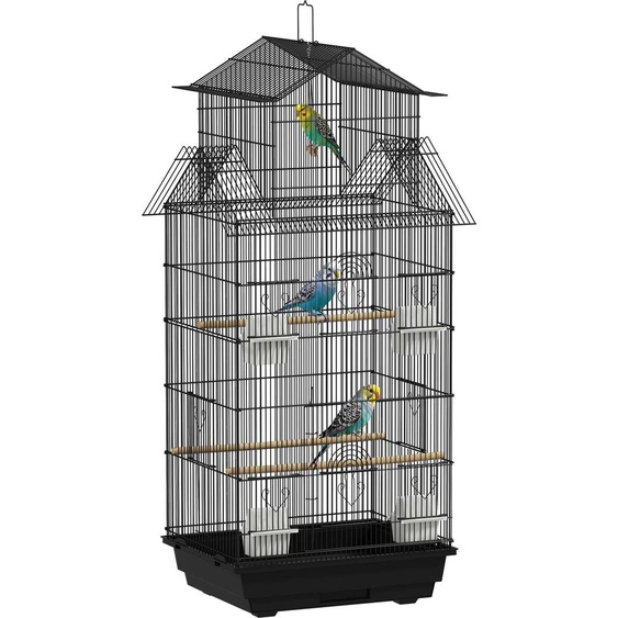 Cage pour oiseaux - Cage pour canaris - Acier inoxydable - XS petit - Pour canaris & pinsons - 2 distributeurs de nourriture & perchoirs - Noir