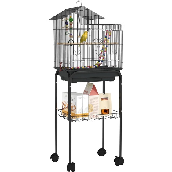 Cage pour oiseaux, matériau acier, 48x64x74 cm, mobile avec roues, noir, 46x36x120 cm