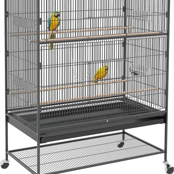 Cage pour oiseaux SUGIFT en métal, avec roulettes, bac de réception amovible, couleur gris | 22,5 kg | Espacement des barreaux : 1,5 cm | 94 x 57 x 153 cm