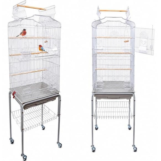 Cage pour oiseaux sur roulettes, dimensions 45x36x148 cm, pour 2 à 3 oiseaux, de couleur grise