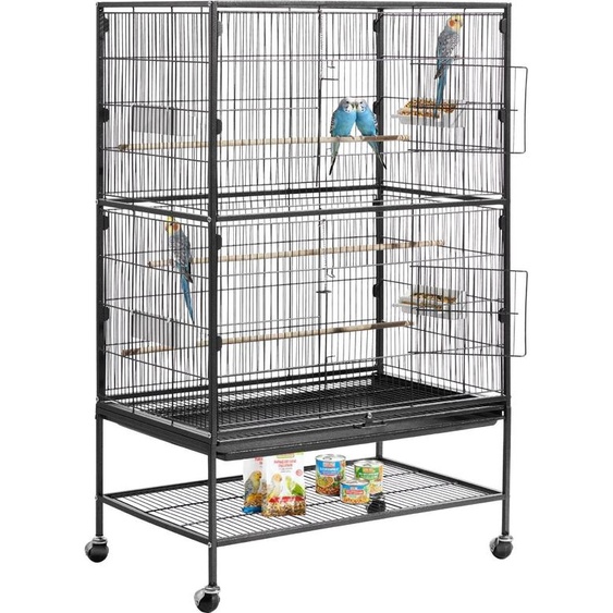 Cage pour oiseaux - Volière en fer forgé - 80 x 52 x 132 cm - Avec perchoirs & mangeoires - Bac de fond amovible - Sur roulettes - Pour perroquets, perruches & canaris