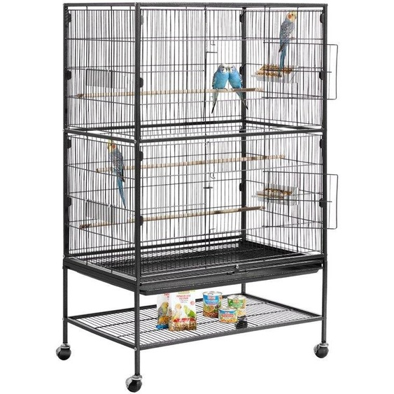 Cage pour oiseaux - Volière en fer forgé - 80 x 52 x 132 cm - Avec perchoirs & mangeoires - Bac de fond amovible - Sur roulettes - Pour perroquets, perruches & canaris