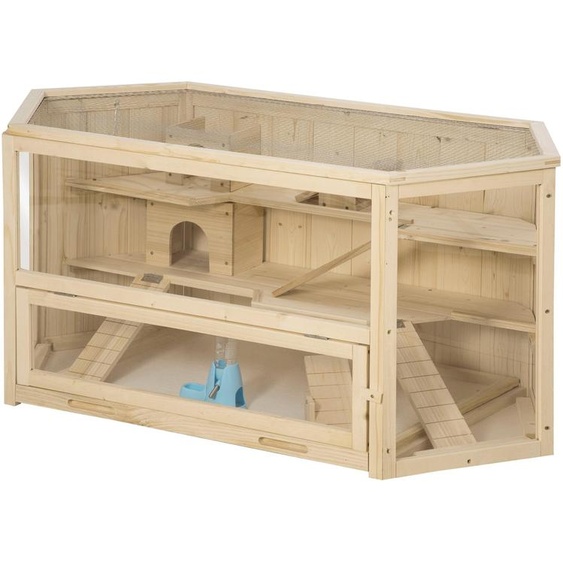Cage pour petits animaux PawHut, cage pour rongeurs, cage pour hamsters avec rampe et balançoire, en bois de sapin naturel