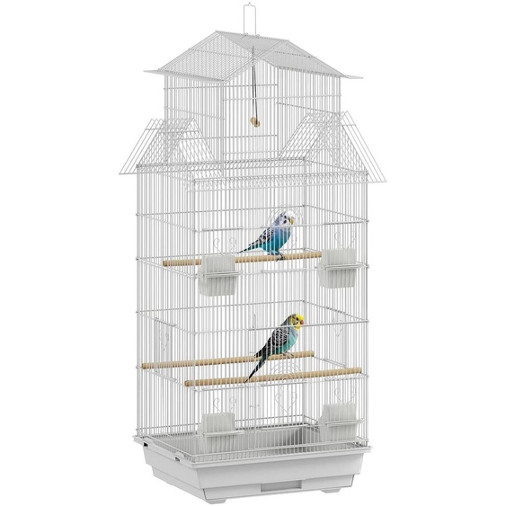 Cage pour petits oiseaux - Cage en acier - Avec mangeoires - Avec perchoirs - Avec balançoire - Bac à déjections amovible - 50,5 x 41 x 104 cm - Blanche