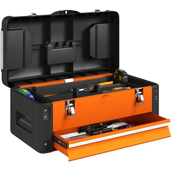Caisse à outils HOMCOM vide, 49,7 x 25,3 x 23 cm Caisse à outils avec tiroir, mini-boîte, compartiment de rangement supérieur, poignée, caisse à outils en acier, orange