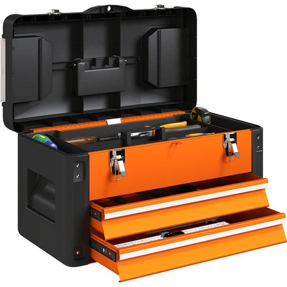 Caisse à outils HOMCOM vide, 49,7 x 25,3 x 28,9 cm Caisse à outils avec tiroir, mini-boîte, compartiment de rangement supérieur, poignée, caisse à outils en acier, orange