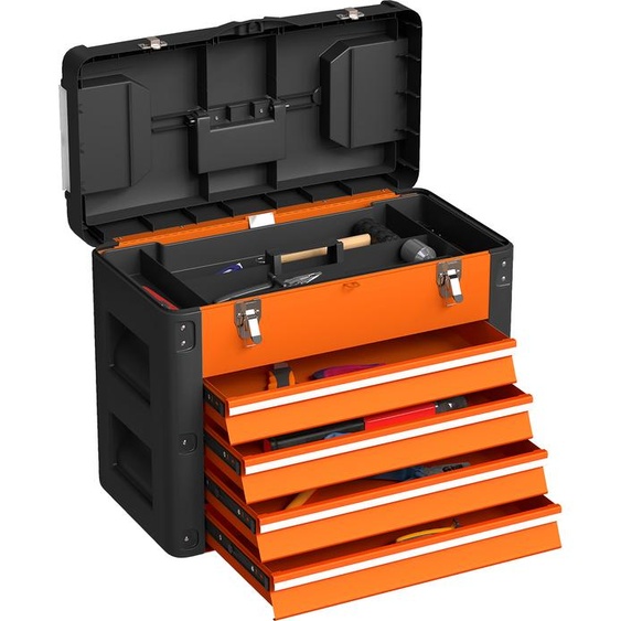 Caisse à outils HOMCOM vide, 49,7 x 25,3 x 40,7 cm Caisse à outils avec 4 tiroirs, mini-boîte, compartiment de rangement supérieur, poignée, caisse à outils en acier, orange