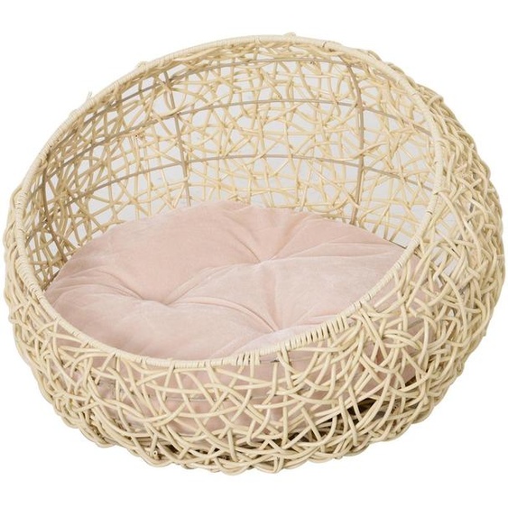 Caisse pour chat avec coussin – Imitation rotin en PVC | Couleur : Beige | Dimensions : 56 x 56 x 35 cm