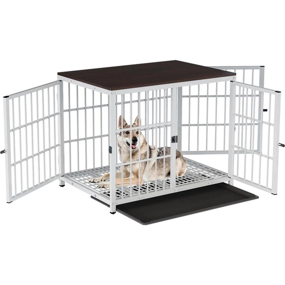 Caisse pour chien/cage pour chien - Meuble style table dappoint - Métal lourd - 3 portes - Plateau inférieur extractible - Taille L - Blanc