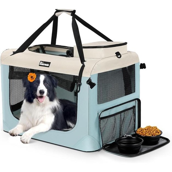 Caisse pour chien Reerooh 80x58x58cm, caisse de transport pour chien pliable avec écuelle pour chien, sac à chien portable pour les voyages, caisse de transport pour animaux de voiture (XL, bleu clair)