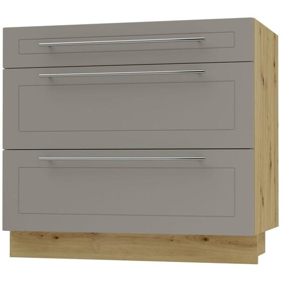 Caisson à tiroirs KVANTUM, coulisse partielle 90 cm Couleur du corps et de la façade au choix (Q-D3M/90), beige mat, chêne artisan