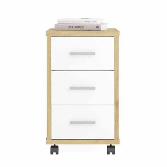 Caisson de Bureau - PARIS PRIX - Modèle Dylda - 3 Tiroirs - Chêne & Blanc - Sur Roulettes