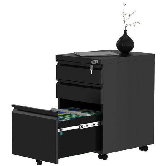 Caisson de Bureau Mobile en Acier - DWVO - 3 Tiroirs et Serrure - Noir