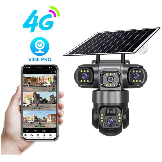 Caméra de surveillance solaire à trois yeux et trois écrans V380, vision nocturne couleur à 360 degrés