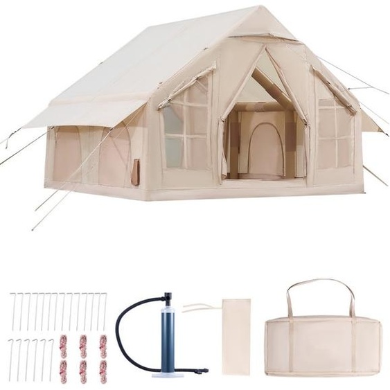Camping 3x3x2,3m Tentes gonflables pour 4-6 personnes, 300D Oxford Tente de glamping 4 saisons avec pompe manuelle & raccord pour four, 2 portes & 4 fenêtres en filet - sac de rangement pour le transport inclus
