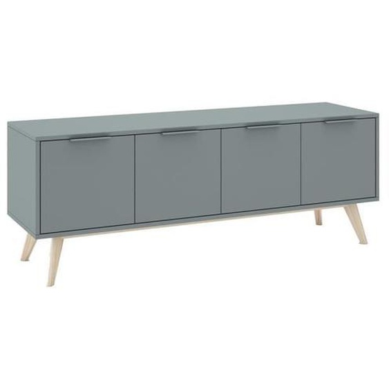 Meuble TV - CANACA - 4 Portes - MDF et Pin Massif - Gris Vert - Style Scandinave