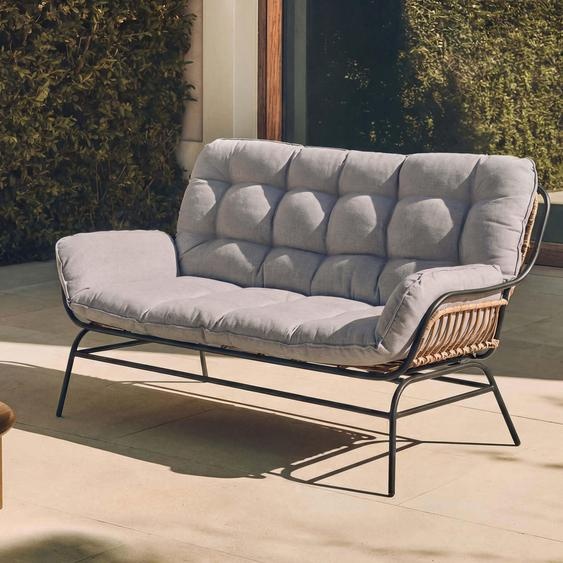 Canapé 2 places HWC-P75, canapé de jardin, banc de jardin, canapé 2 places, tissu 220 g/m², polyrotin, métal ~ gris foncé, rembourrage gris clair