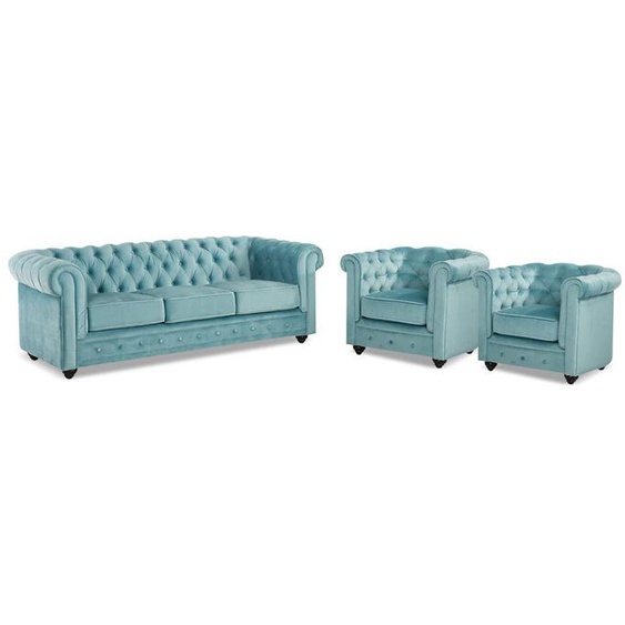Canapé 3 places et 2 fauteuils CHESTERFIELD - Velours bleu pastel