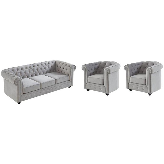 Canapé 3 places et 2 fauteuils CHESTERFIELD - Velours gris clair