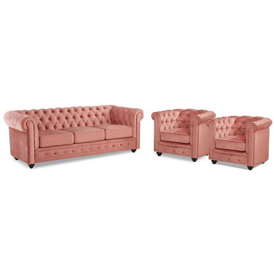 Canapé 3 places et 2 fauteuils CHESTERFIELD - Velours rose pastel