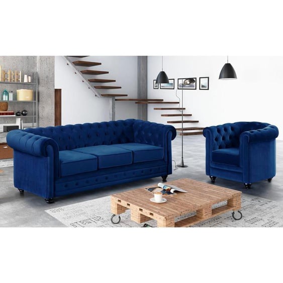Canapé 3 places et fauteuil CHESTERFIELD - Velours bleu roi
