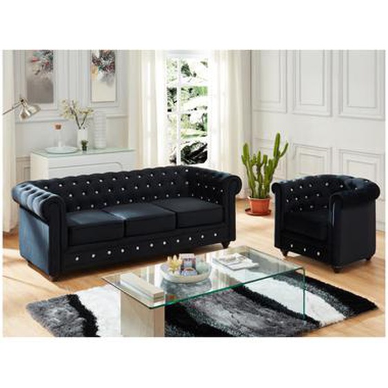 Canapé 3 places et fauteuil CHESTERFIELD - velours noir et boutons effet cristal