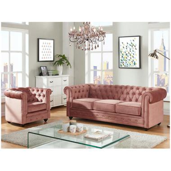 Canapé 3 places et fauteuil CHESTERFIELD - Velours rose pastel